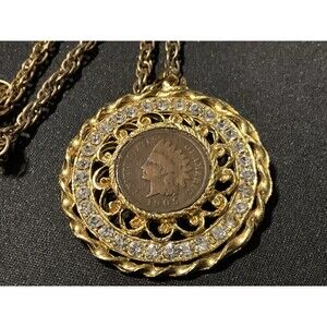 1905 Indian Head Penny Gold Tone W/ Rhinestone Crystal Pendant 22in Chain